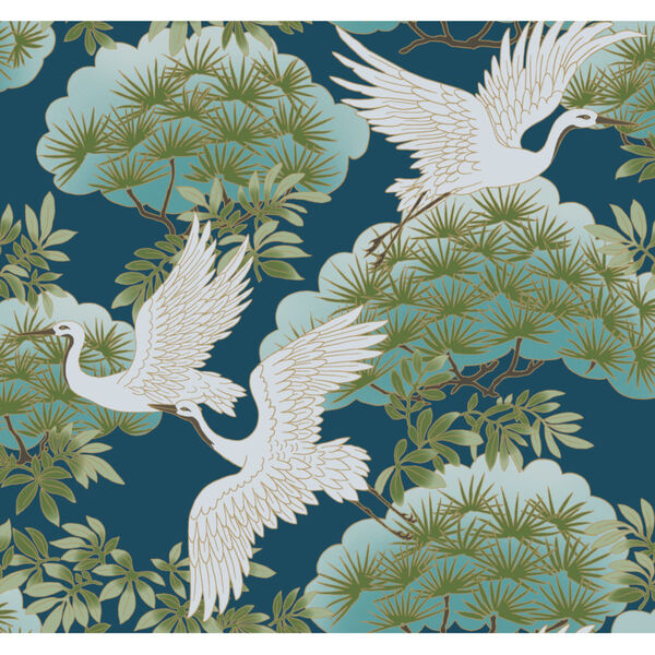 Ronald Redding Tea Garden Blue Sprig and Heron Wallpaper, image 2