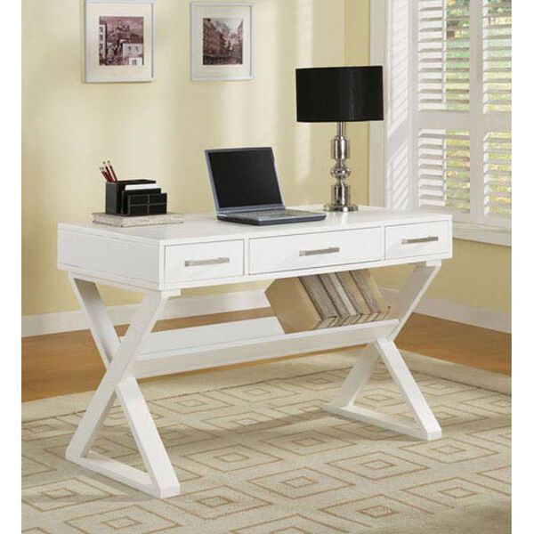 White Casual Three Drawer Desk with Criss-Cross Legs, image 1