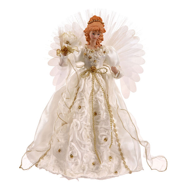 White and Gold 18-Inch Angel Tree Topper with Fiber Optic Wings, image 1