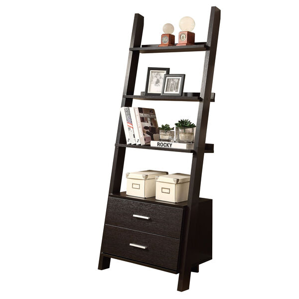 Bookcase - 69H / Cappuccino Ladder w/ 2 Storage Drawers, image 2