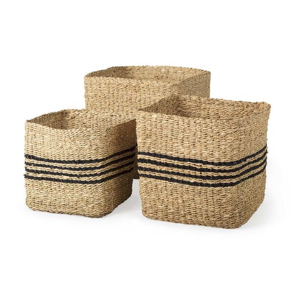 Cullen Brown and Black Twisted Seagrass Square Basket, Set of 3, image 1
