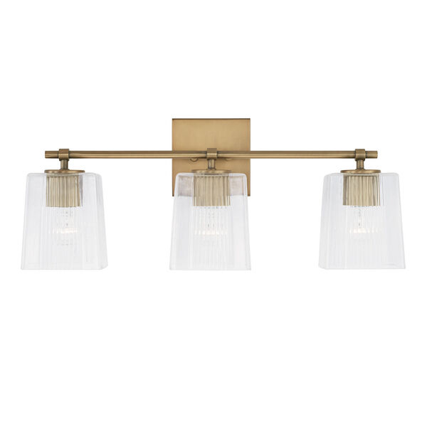 Lexi Aged Brass Three-Light Bath Vanity with Clear Fluted Square Glass Shades, image 2