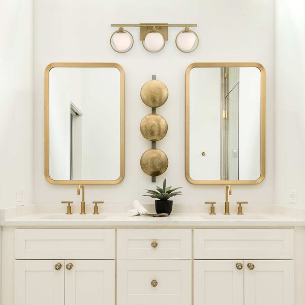 Teatro Brushed Gold Three-Light Bath Vanity with Etched Opal Glass Shades, image 3