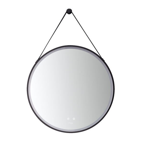Sangle Black 24-Inch Round LED Framed Mirror with Defogger and Vegan Leather Strap, image 4
