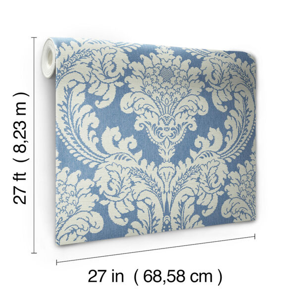 Grandmillennial Blue Tapestry Damask Pre Pasted Wallpaper, image 4