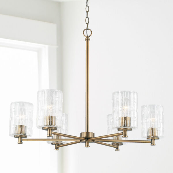 Emerson Aged Brass Six-Light Chandelier with Embossed Seeded Glass, image 2