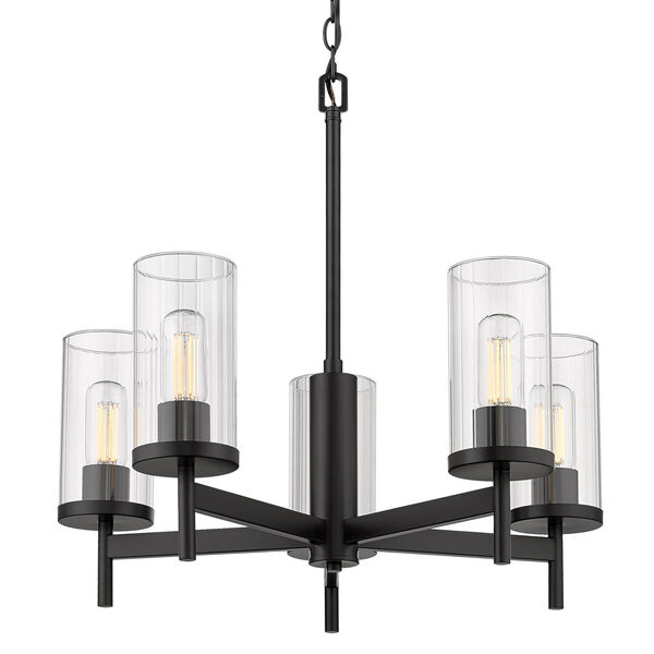 Winslett Matte Black 24-Inch Five-Light Chandelier with Ribbed Clear Glass Shade, image 3