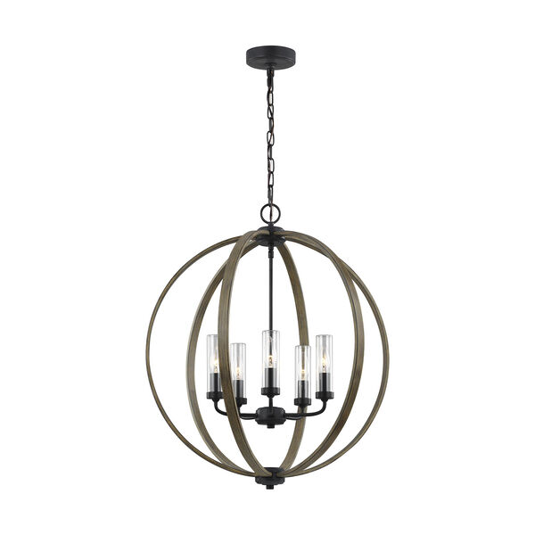 Allier Weathered Oak Wood  and  Antique Forged Iron Five-Light Chandelier, image 1