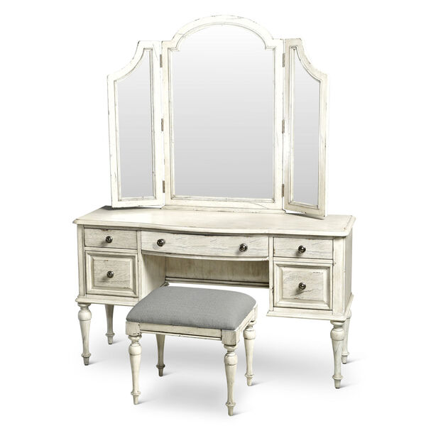 Highland Park Distressed Rustic Ivory Vanity Mirror and Bench, image 2