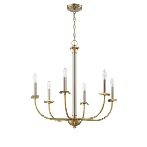 Stanza Brushed Polished Nickel and Satin Brass Six-Light Chandelier, image 1