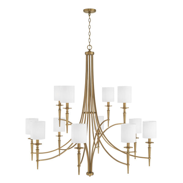 Abbie Aged Brass 12-Light Chandelier with White Fabric Stay Straight Shades, image 3