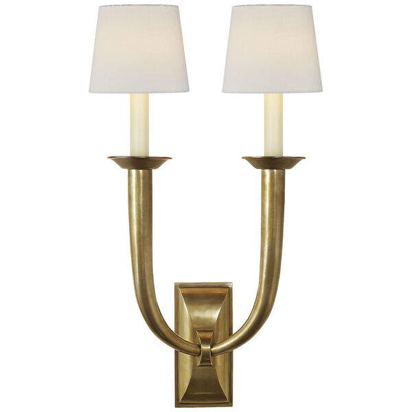 French Deco Horn Double Sconce in Hand-Rubbed Antique Brass with Linen Shades by Studio VC, image 1