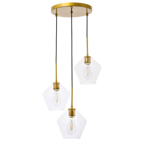 Gene Brass 18-Inch Three-Light Pendant with Clear Glass, image 3