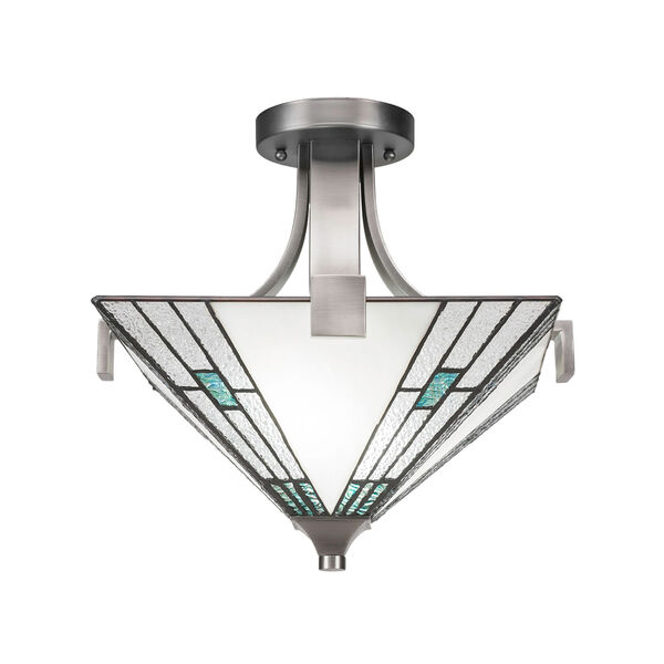 Apollo Graphite Two-Light Semi Flush with New Deco Tiffany Glass, image 1