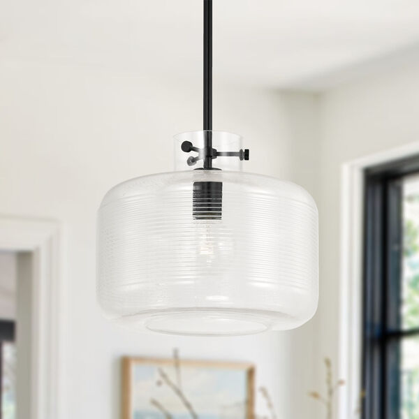 Brighton Matte Black One-Light Pendant with Clear Ribbed Glass, image 2