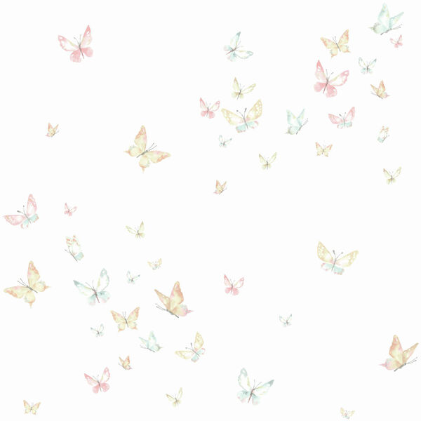 A Perfect World Peach and Aqua Watercolor Butterflies Wallpaper - SAMPLE SWATCH ONLY, image 1