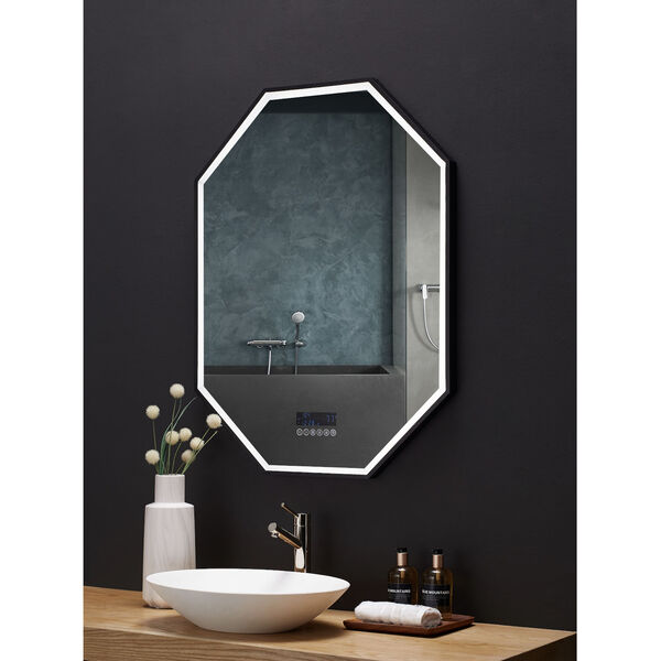 Otto Black 24 x 40 Inch LED Octagon Framed Mirror with Bluetooth and Digital Display, image 2