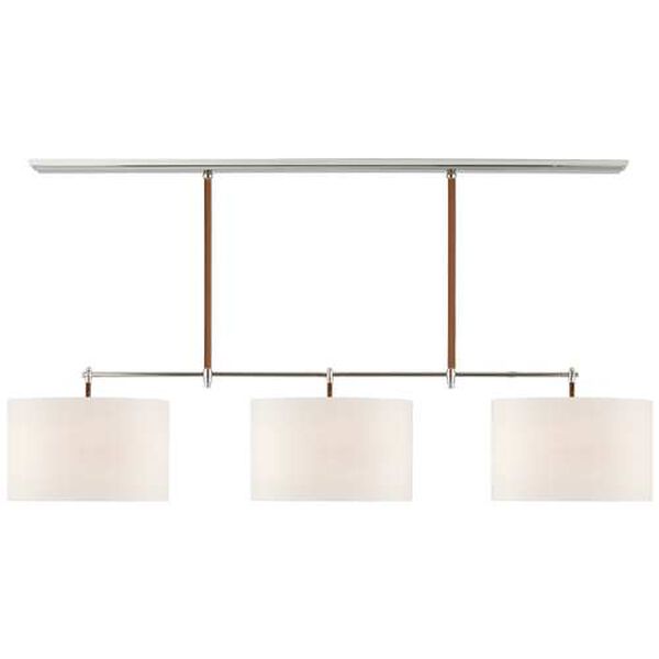 Bryant Polished Nickel and Natural Three-Light Large Wrapped Billiard with Linen Shades by Thomas O'Brien, image 1
