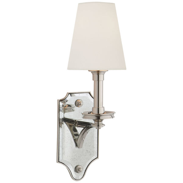Verona Mirrored Sconce in Polished Nickel with Linen Shade by Thomas O'Brien, image 1