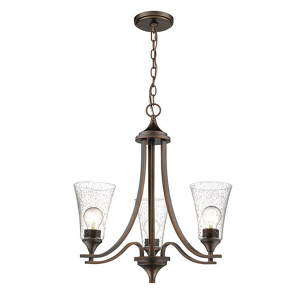 Natalie Rubbed Bronze Three-Light Chandelier with Clear Seeded Glass, image 1
