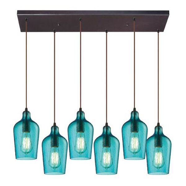 Hammered Aqua Glass Oil Rubbed Bronze 10-Inch Six Light Chandelier, image 1