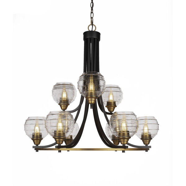 Paramount Matte Black and Brass 31-Inch Nine-Light Chandelier with Clear Ribbed Glass Shade, image 1