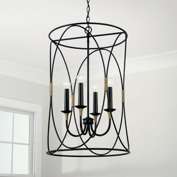 Amara Matte Black with Brass Four-Light Chandelier with and Brass Wrapped Detail, image 4