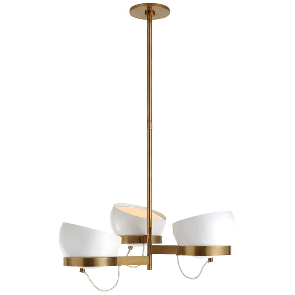 Lightwell Medium Triple Chandelier in Soft Brass with White Shades by Barbara Barry, image 1
