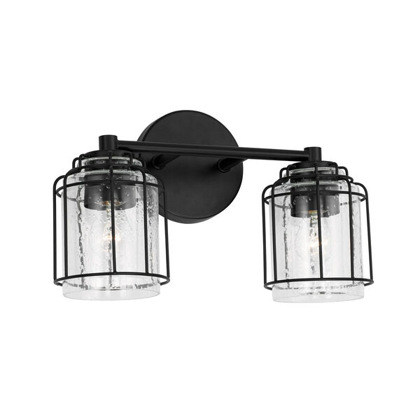 Harmon Matte Black Two-Light Bath Vanity with Clear Seeded Glass and Metal Cage Shades, image 1