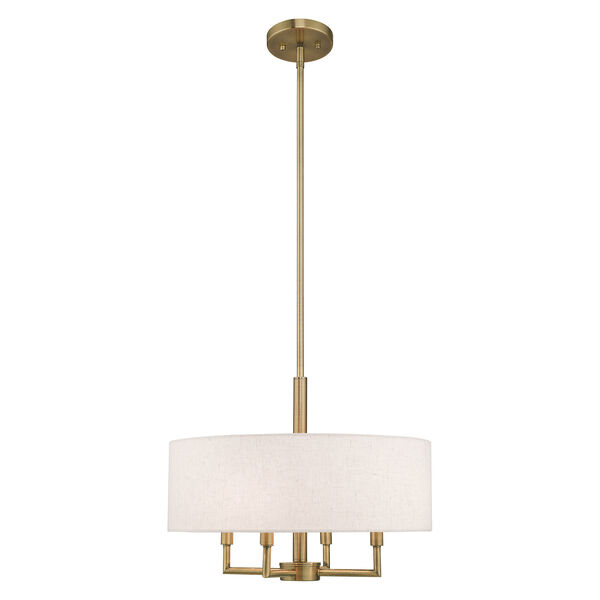 Meridian Antique Brass 18-Inch Four-Light Pendant Chandelier with Hand Crafted Oatmeal Hardback Shade, image 1