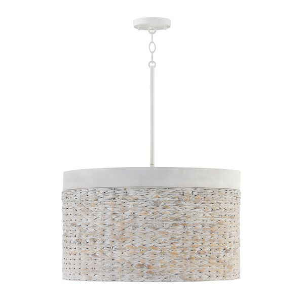 Tallulah Chalk Wash Four-Light Drum Pendant White Made with Handcrafted Mango Wood and Water Hyacth, image 1