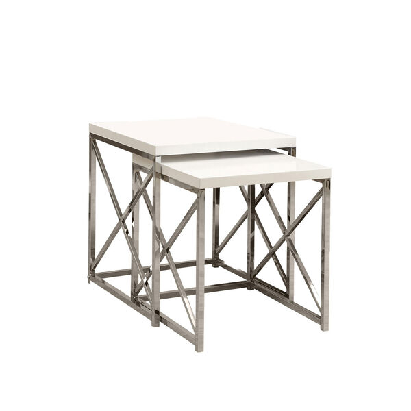 Nesting Table - 2 Piece Set / Glossy White / Chrome Metal, image 2
