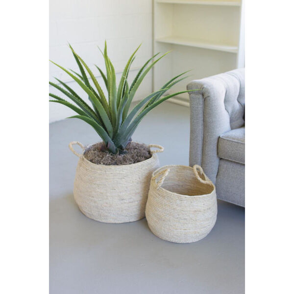 Beige Round Seagrass Basket with Handle, Set of Two, image 1