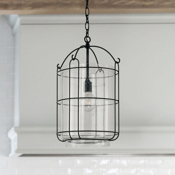 Harmon Matte Black One-Light Pendant with Clear Seeded Glass and Outer Cage, image 2