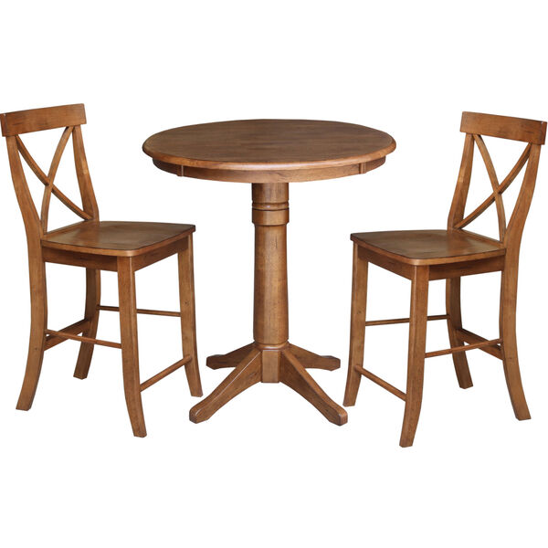 Distressed Oak 30-Inch Round Pedestal Gathering Table with Two X-Back Counter Height Stool, Set of Three, image 2