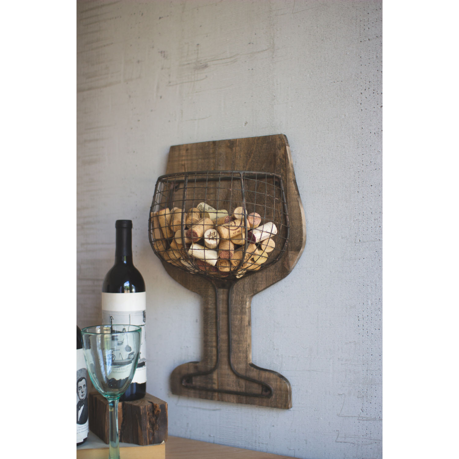 Natural and Black Wood and Wire Wall Wine Cork Holder