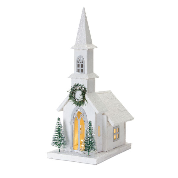 White and Green 20-Inch Holiday Church with Light, image 1