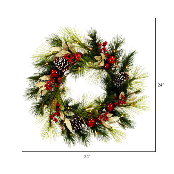 Green 24 In. Artificial Christmas Wreath with Red Berries and Battery Operated Warm White Lights, image 4