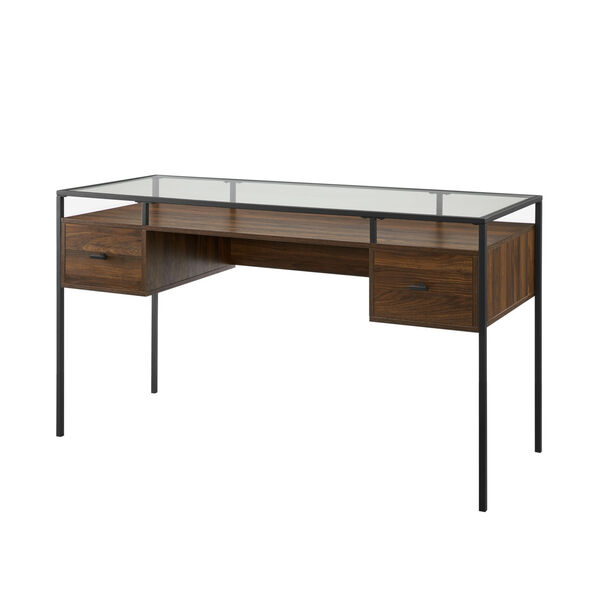 Fulton Dark Walnut and Black Two Drawer Desk with Glass Top, image 2