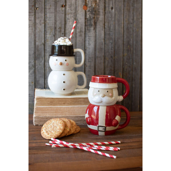 Multicolor Ceramic Stackable Santa and Snowman Mugs, Set of 2, image 1
