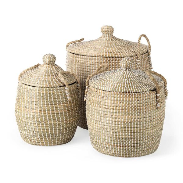 Olivia Beige Seagrass Basket with Lid and Handles, Set of 3, image 1