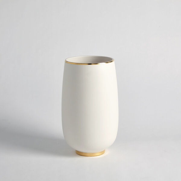 Gold Rim and White 8-Inch Bulb Vase, image 1