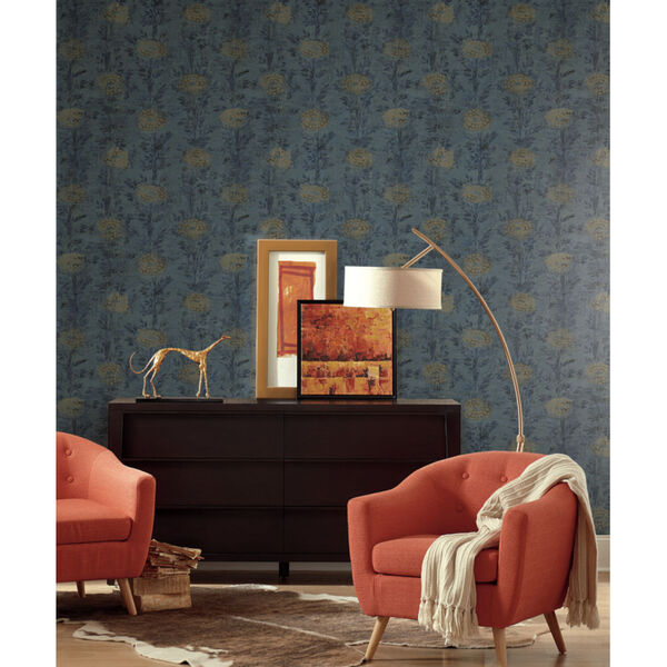 Ronald Redding Tea Garden Blue and Gold French Marigold Wallpaper, image 5