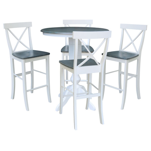 White and Heather Gray 36-Inch Round Pedestal Bar Height Table with Four X-Back Bar Stool, Five-Piece, image 1