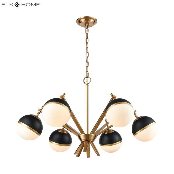 Blind Tiger Aged Brass with White Glass Six-Light Chandelier, image 2