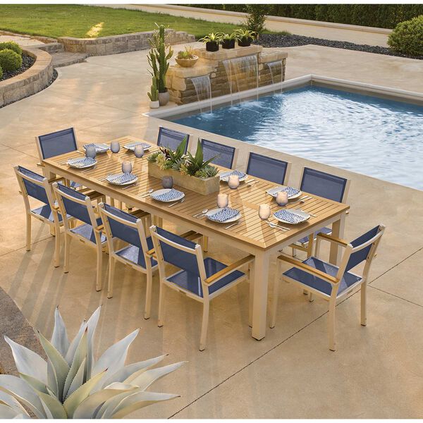 Travira Silver and Tekwood Natural 11-Piece Dining Set With Blue Armchairs, image 2