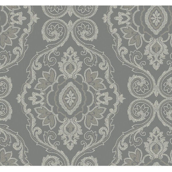 Beach House Gray and White Nautical Damask Unpasted Wallpaper, image 2