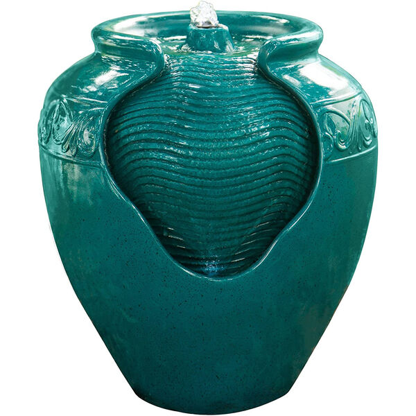 Teal Outdoor Glazed Pot Floor Fountain with LED Light, image 1