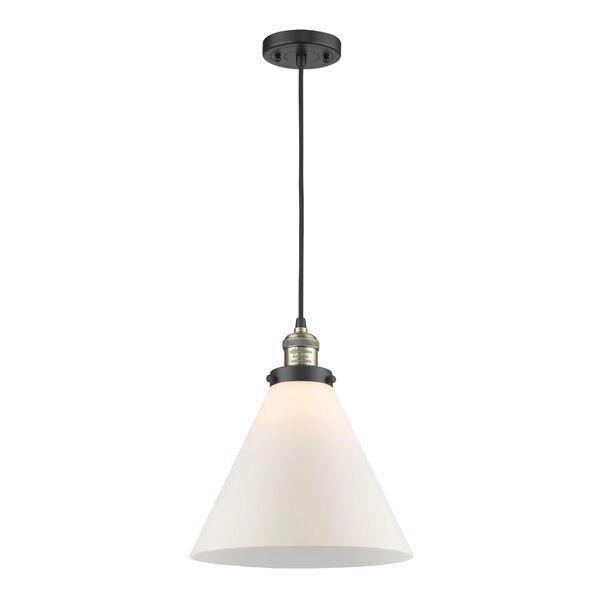 X-Large Cone Black Antique Brass One-Light Pendant with Matte White Cased Glass, image 1