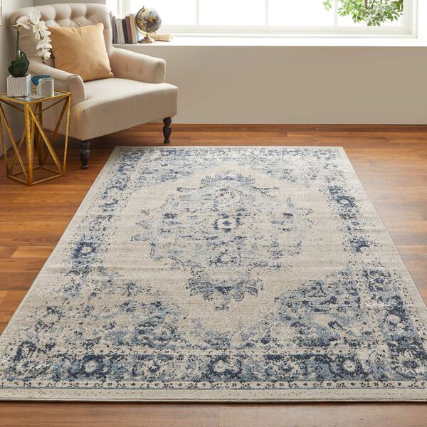 Camellia Bohemian Eclectic Medallion Ivory Blue Rectangular 4 Ft. 3 In. x 6 Ft. 3 In. Area Rug, image 3